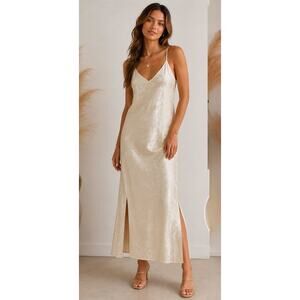 Leith Floral Jacquard Satin Slip Dress Ivory V Neck Midi Maxi NWT Size M